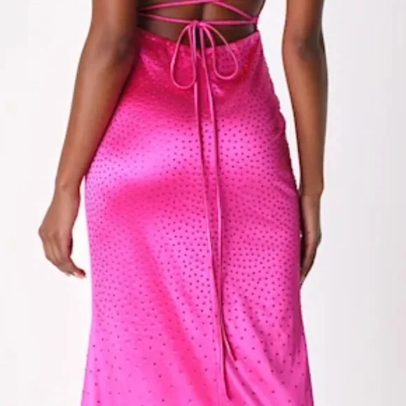 NWT Lulus Radiant Stunner Hot Pink Satin Rhinestone Lace-Up Maxi Dress - Picture 3 of 4
